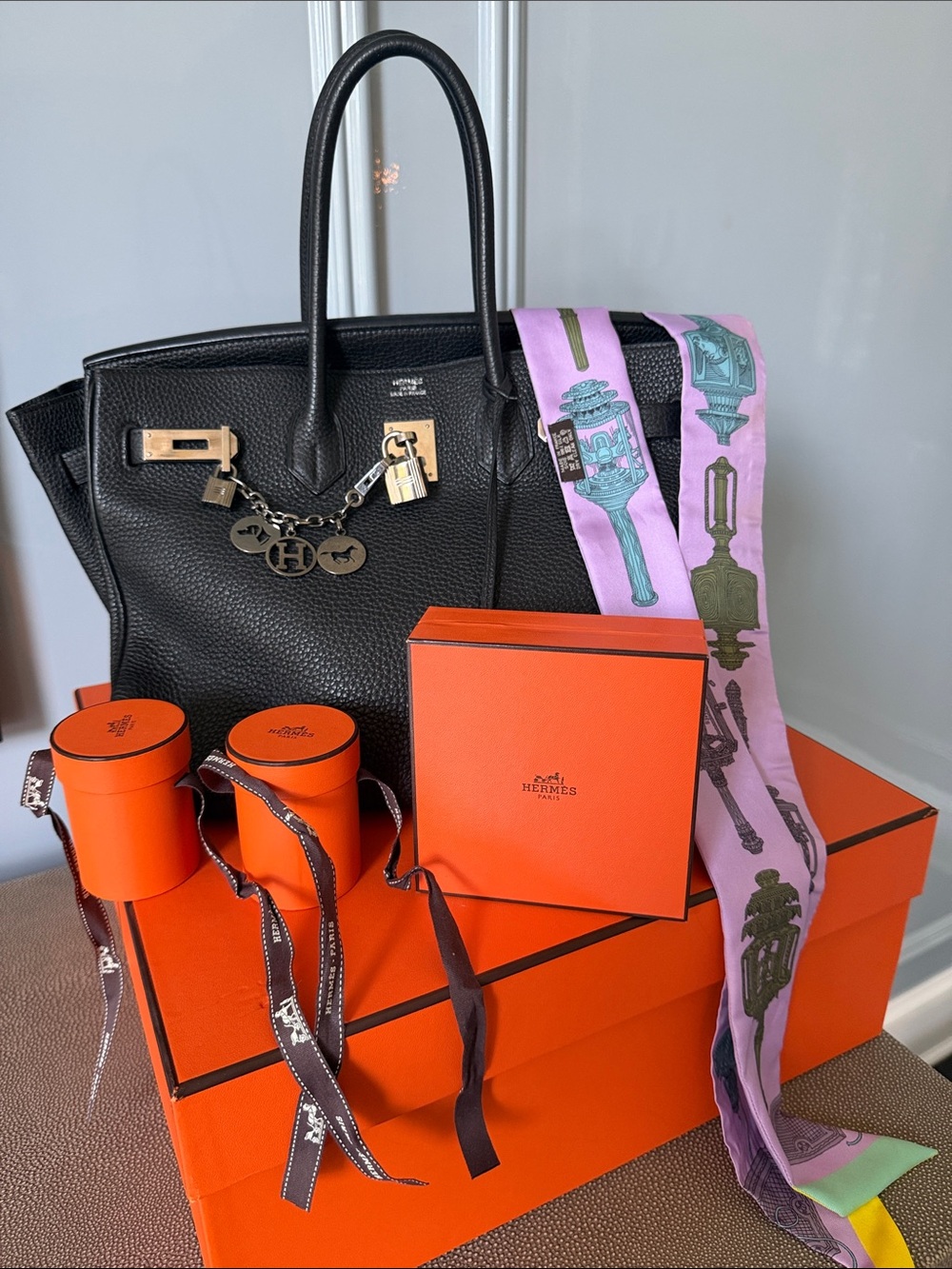 Hermès Birkin bag 35cm Black Leather Tote with Lavender Twillys and charm